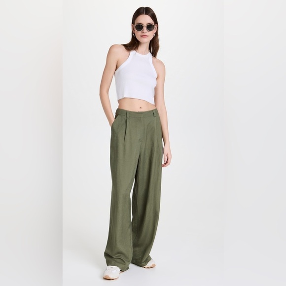 Lioness La Quinta Linen Pants High Rise Wide Leg Trouser Lightweight Olive Green - Picture 6 of 13